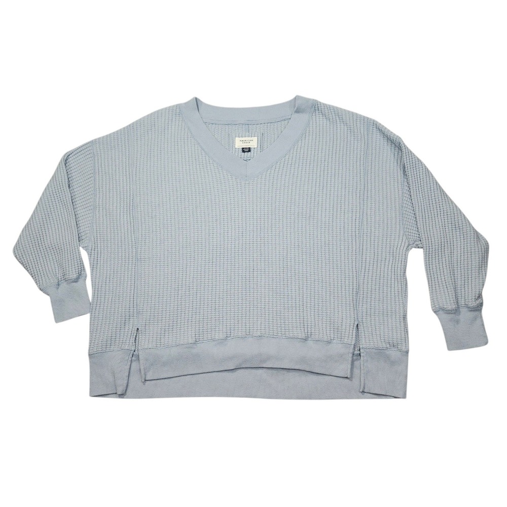 American Eagle Waffle Knit V-Neck Pullover Sweater Light Blue Sz S